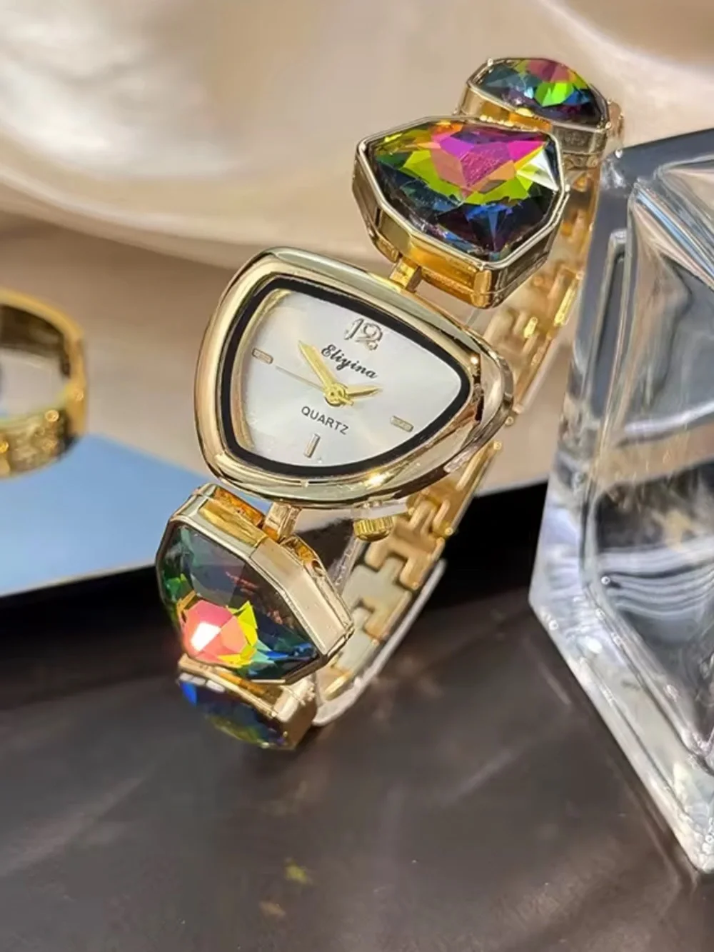Anthropologie Gold Watch with Iridescent Green-Pink Gemstones